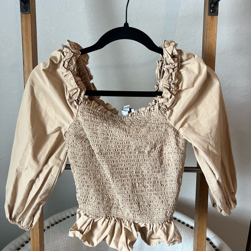 Ruffled Beige Smocked Top The Drop